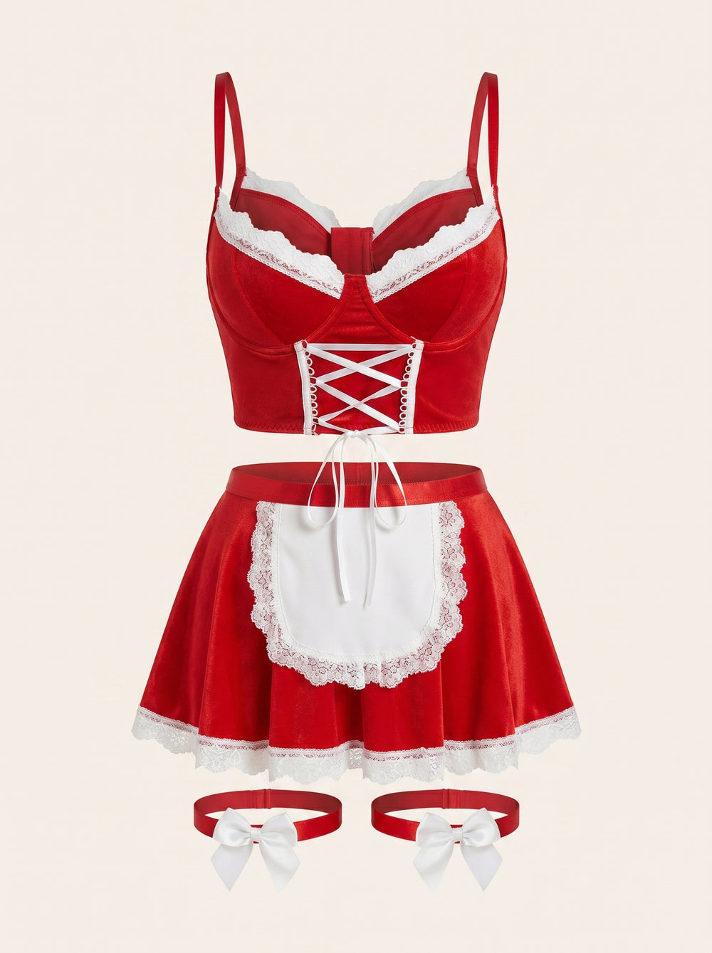 Set di costume da cameriera in raso rosso con grembiule e allacciatura in stile corsetto