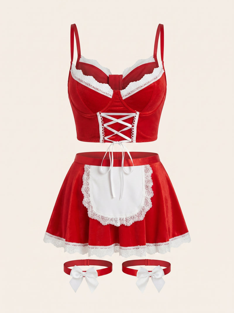 Red Satin Bodysuit with Strappy Corset-Style Lacing