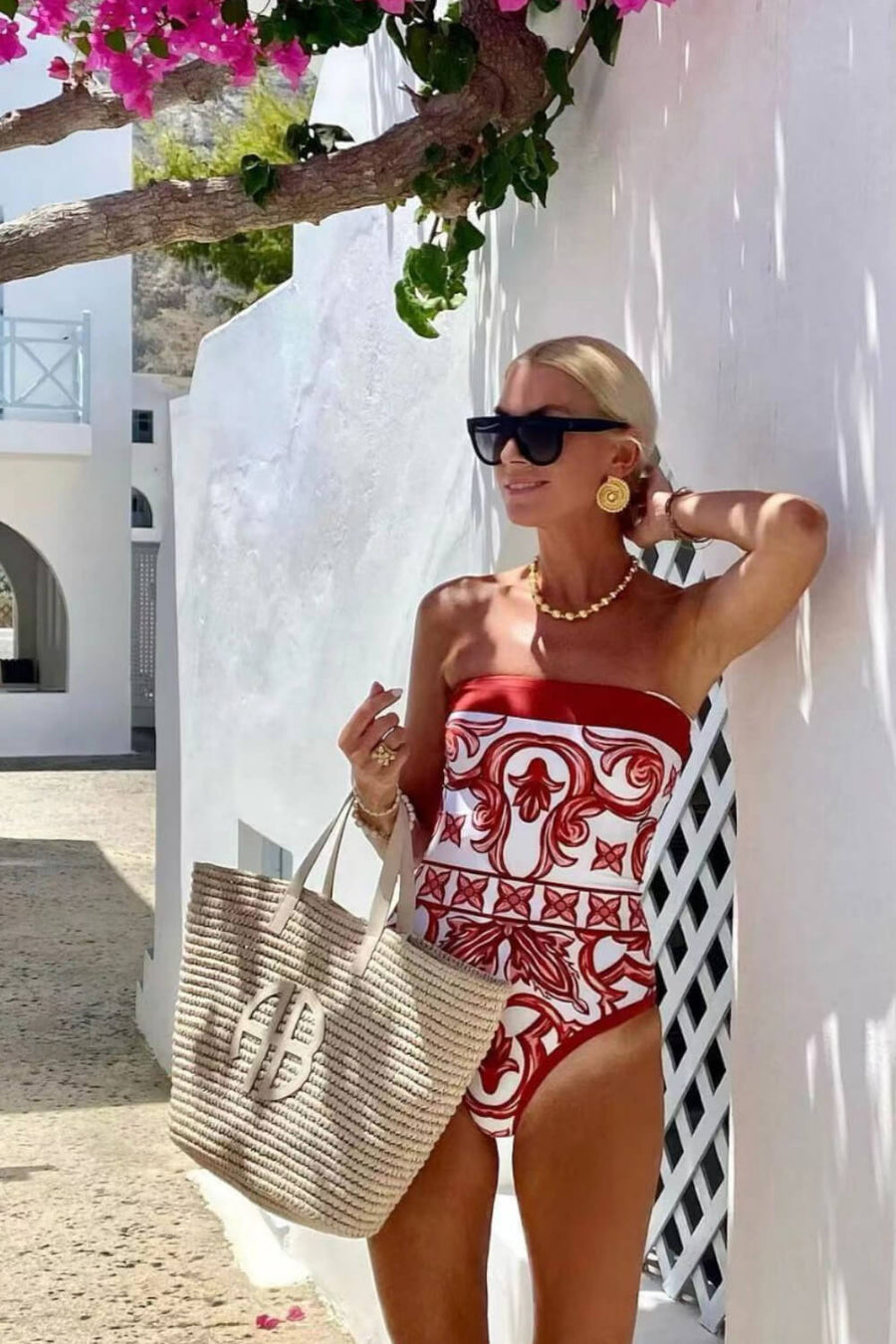 Red & White Ethnic Print Smooth Swimsuit with Strapless Design-One-Piece Swimsuit-Bellascena-bellascena