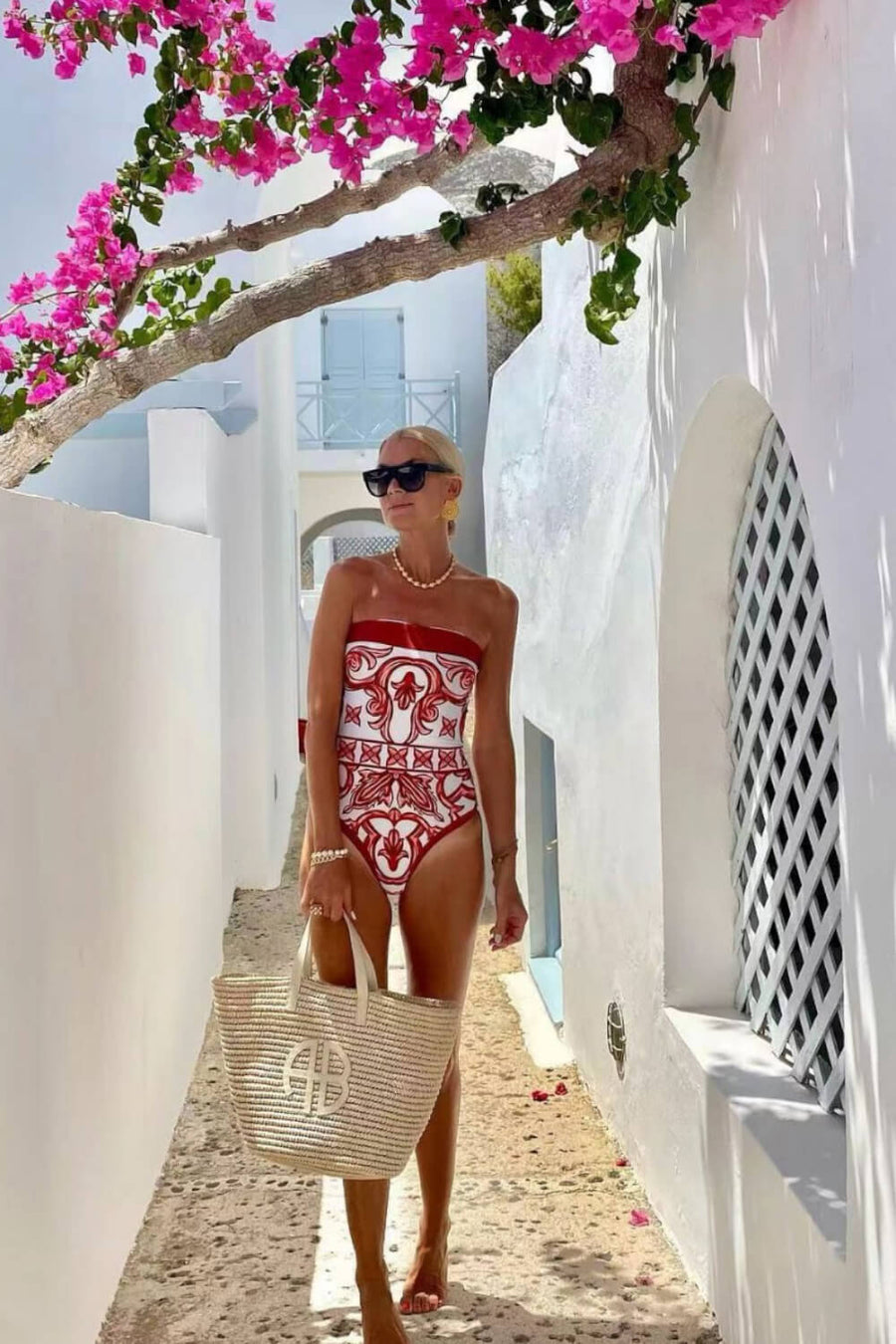 Red & White Ethnic Print Smooth Swimsuit with Strapless Design-One-Piece Swimsuit-Bellascena-bellascena