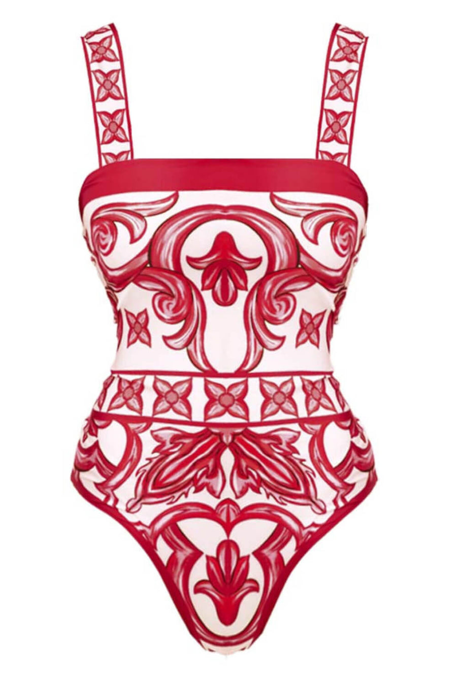Red & White Ethnic Print Smooth Swimsuit with Strapless Design-One-Piece Swimsuit-Bellascena-bellascena