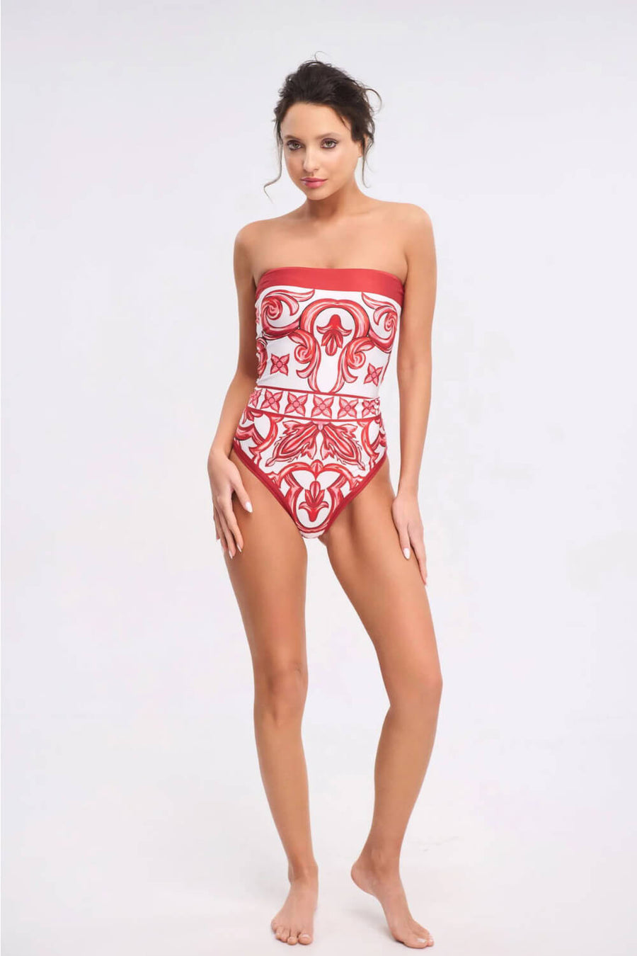 Red & White Ethnic Print Smooth Swimsuit with Strapless Design-One-Piece Swimsuit-Bellascena-bellascena
