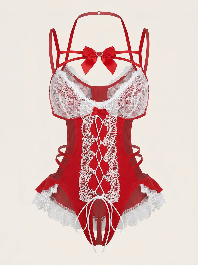 Red and White Lace Bodysuit with Ruffle Lace-up Detail