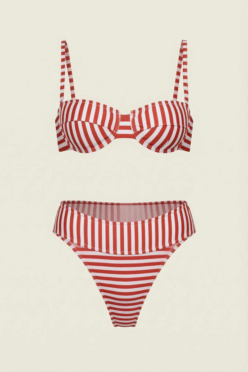 Red and White Striped Polyester Swimwear Set with Underwire