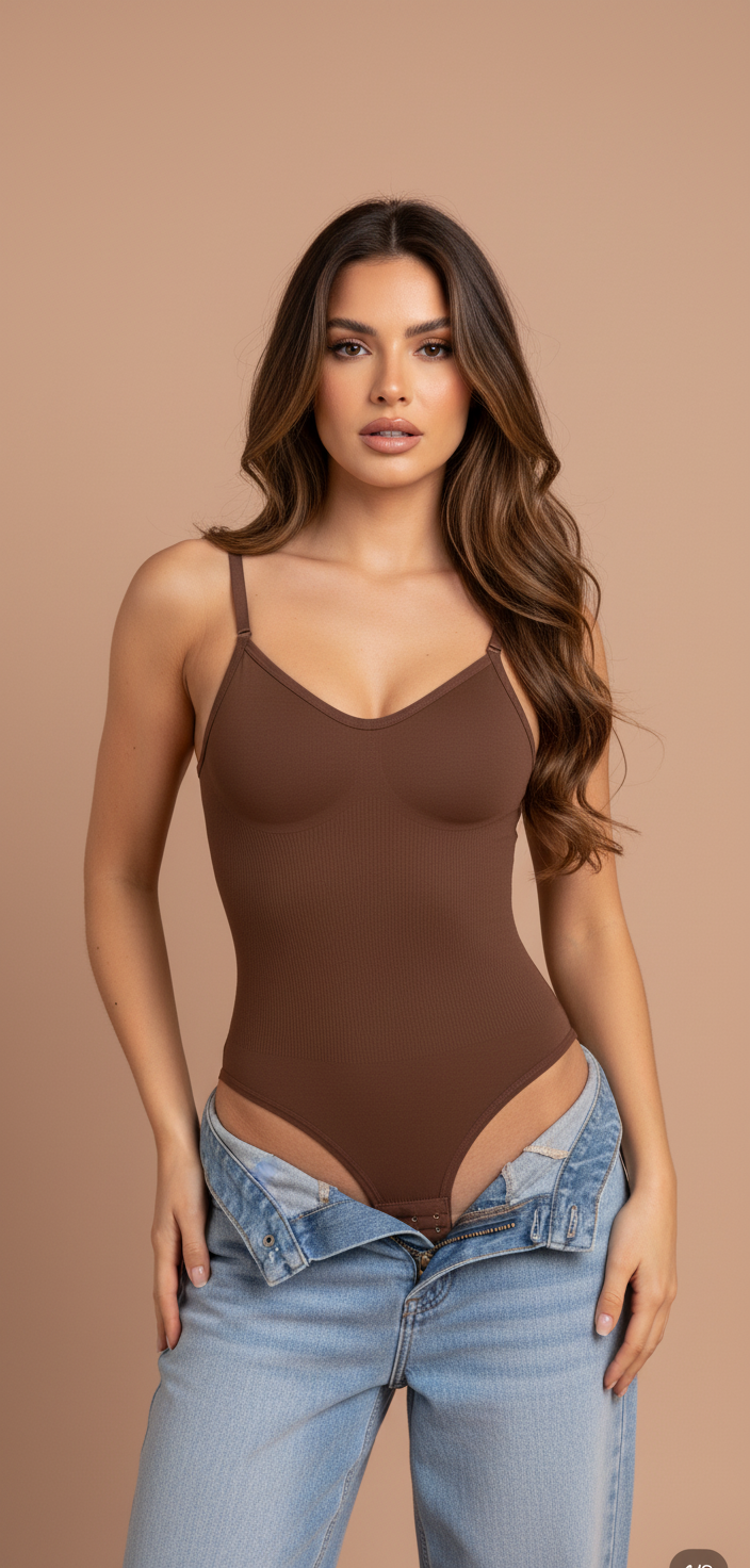 Ribbed Brown Cotton Bodysuit with Adjustable Straps-Bodysuit-Bellascena-bellascena