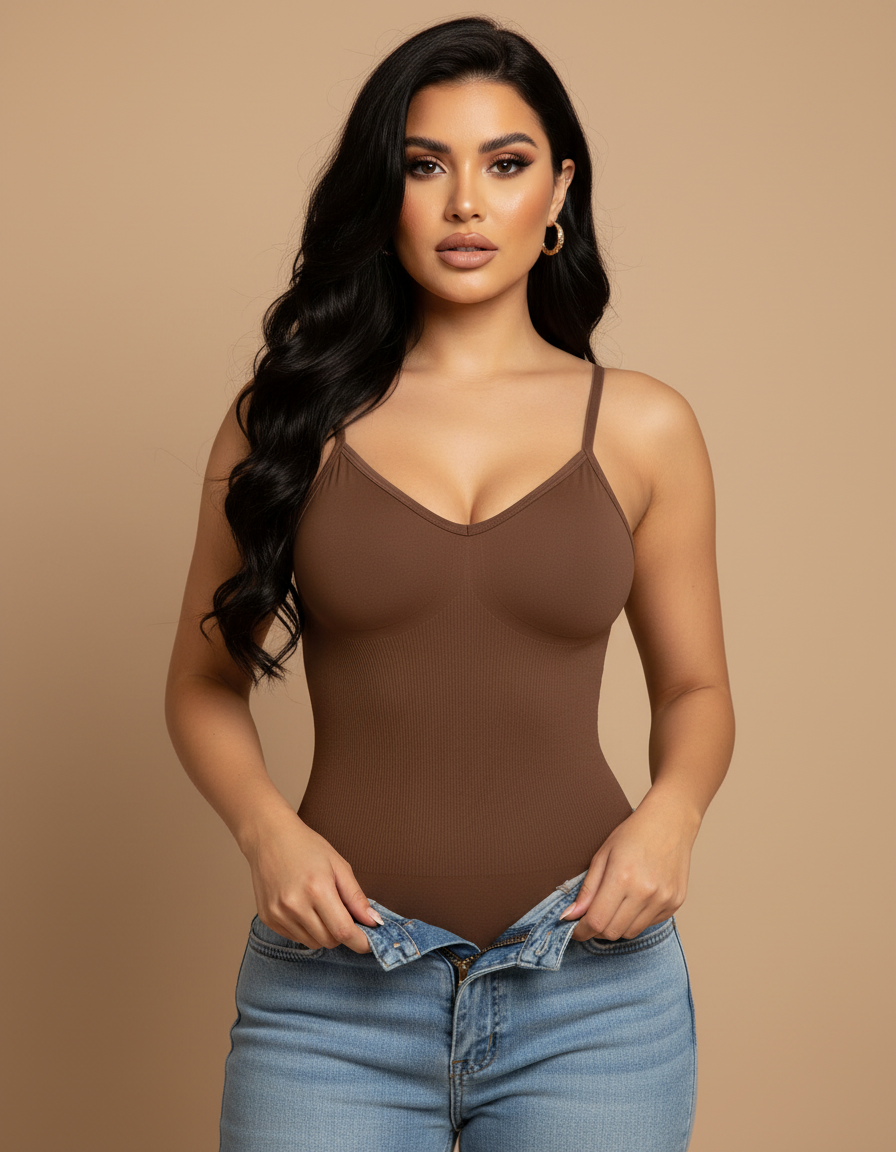Ribbed Brown Cotton Bodysuit with Adjustable Straps-Bodysuit-Bellascena-bellascena