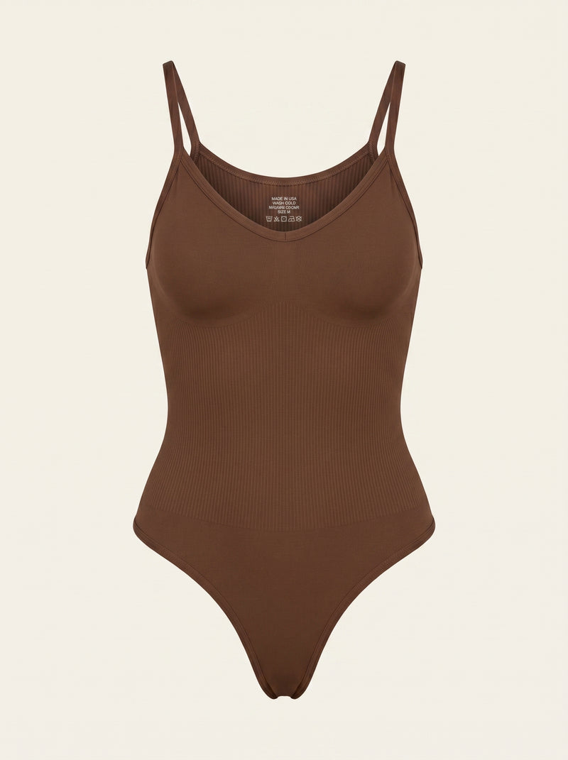 Ribbed Brown Cotton Bodysuit with Adjustable Straps