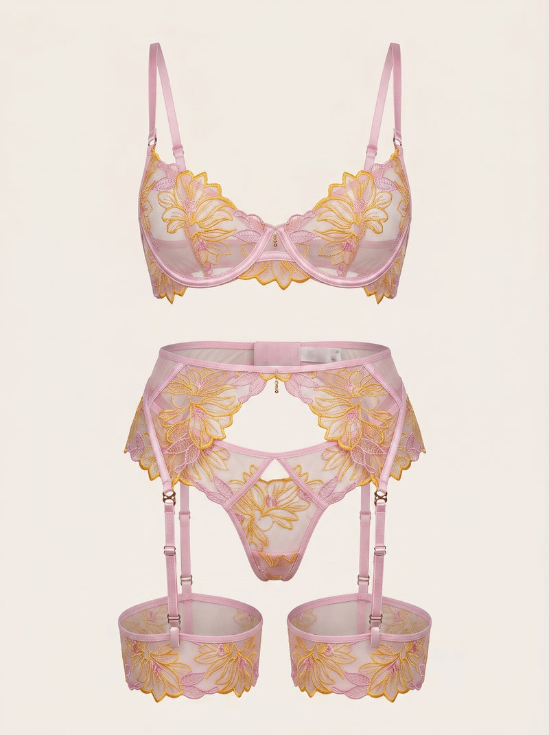 Romantic Floral Embroidered Mesh Lingerie Set with Garters