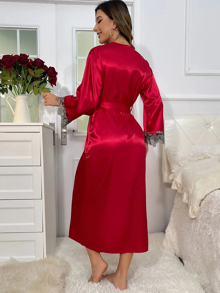 Romantic Red Satin Kimono Robe with Floral Lace Trim-Kimono Robe-Bellascena-bellascena