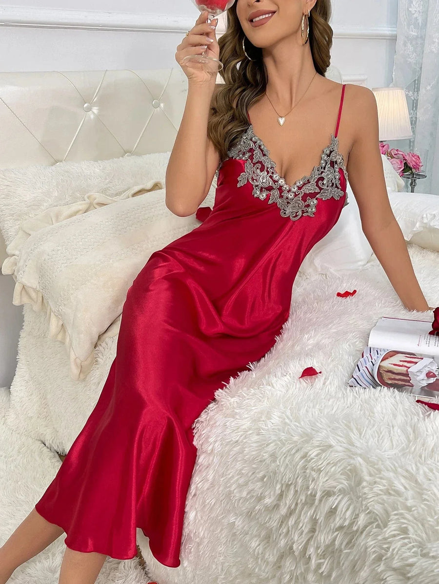 Romantic Red Satin Kimono Robe with Floral Lace Trim-Kimono Robe-Bellascena-bellascena
