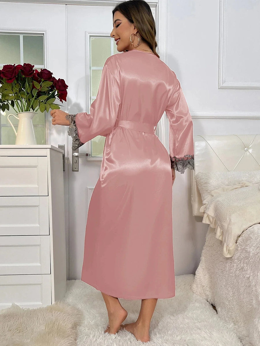 Romantic Red Satin Kimono Robe with Floral Lace Trim-Kimono Robe-Bellascena-bellascena