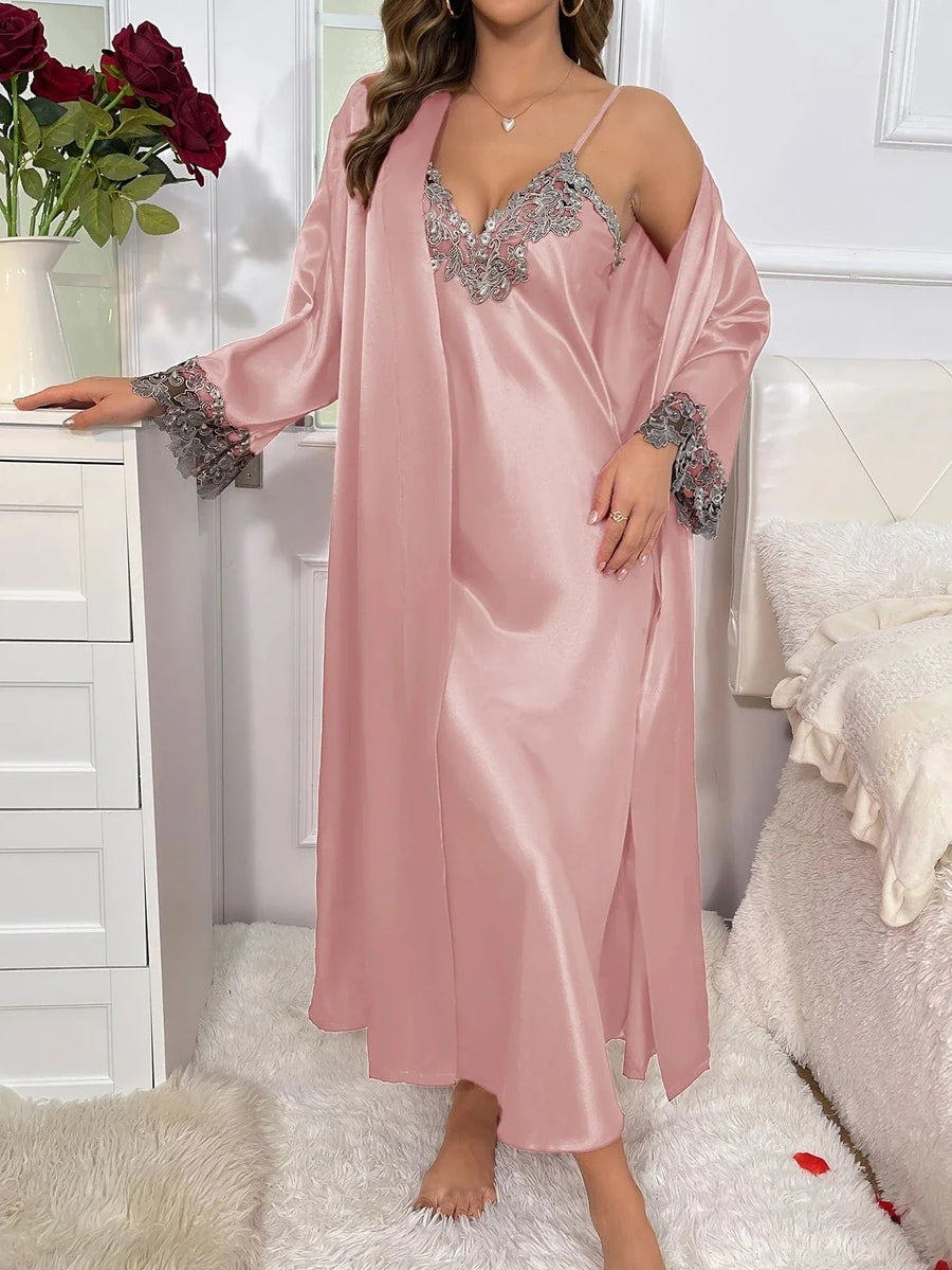 Romantic Red Satin Kimono Robe with Floral Lace Trim-Kimono Robe-Bellascena-Pink-S-bellascena