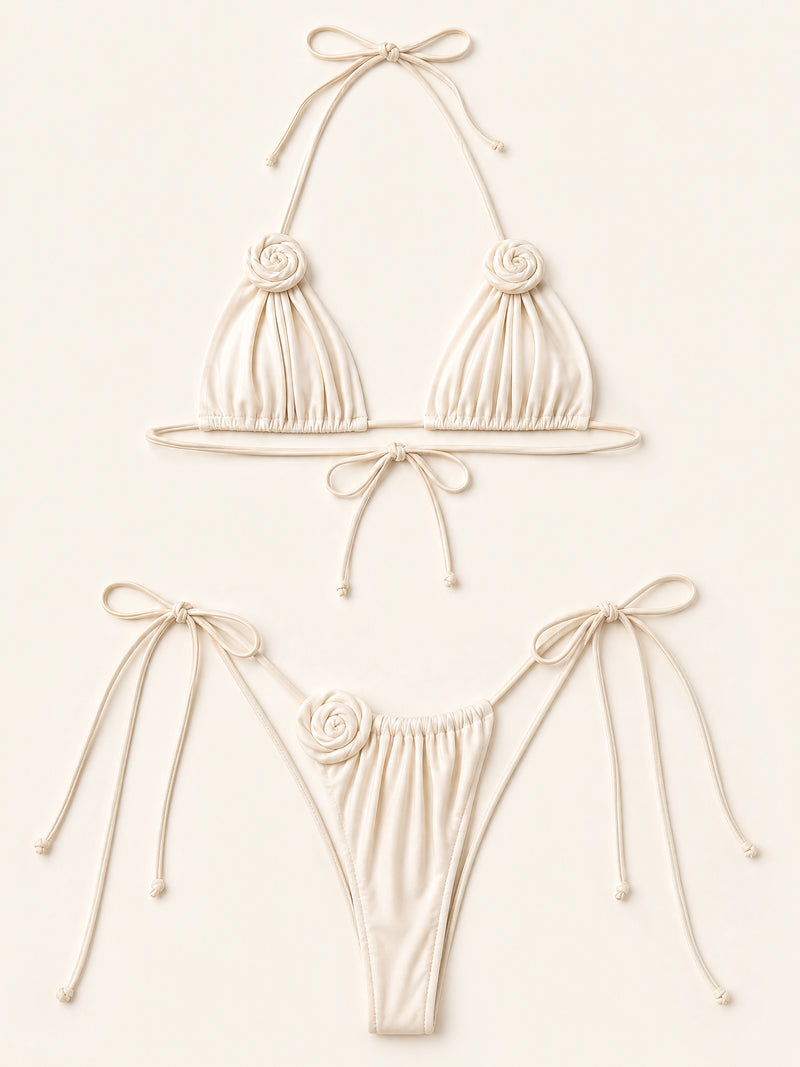 Rose Applique Cream Satin Swimwear Set with Tie Sides