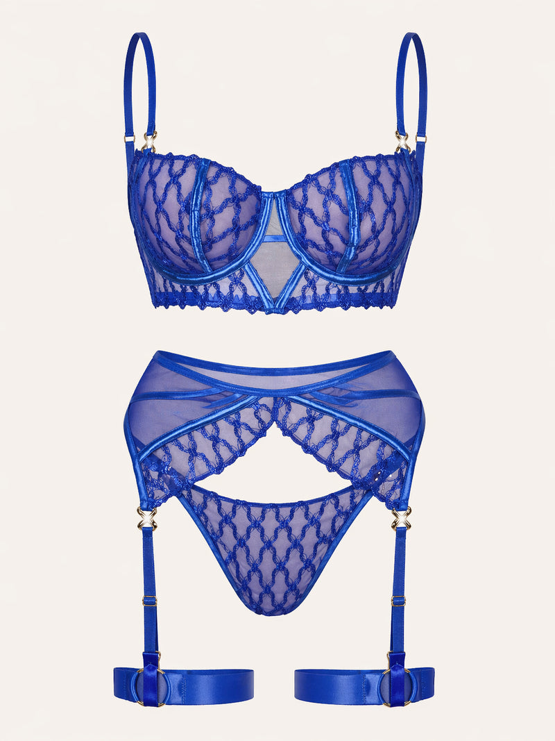 Completo lingerie in rete ricamata blu royal con reggicalze