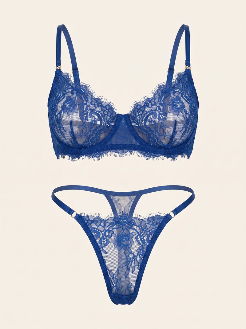 Royal Blue Lace Lingerie Set with Strappy Details