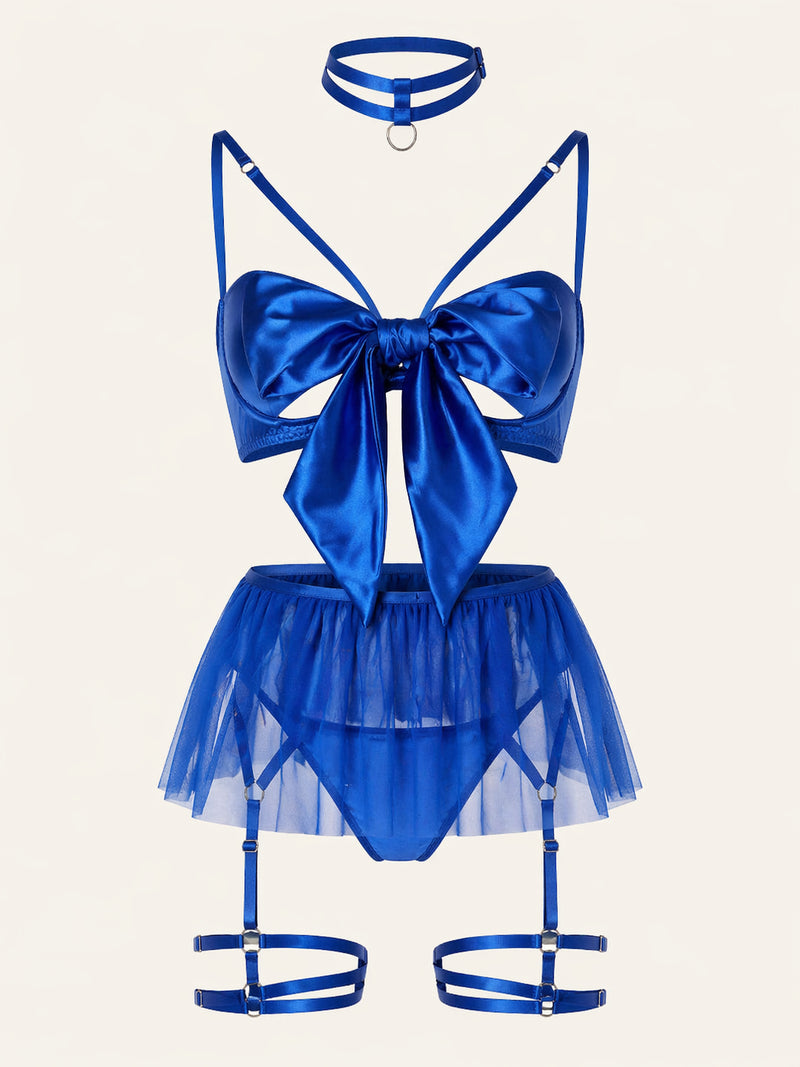 Royal Blue Satin Lingerie Set with Choker, Strappy Sheer Allure