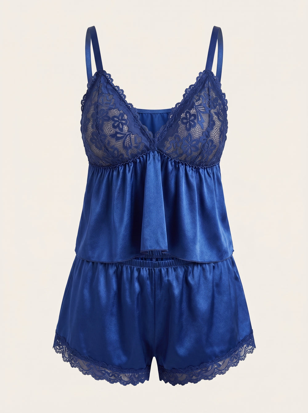 Royal Blue Satin Pajama Set with Lace Detail