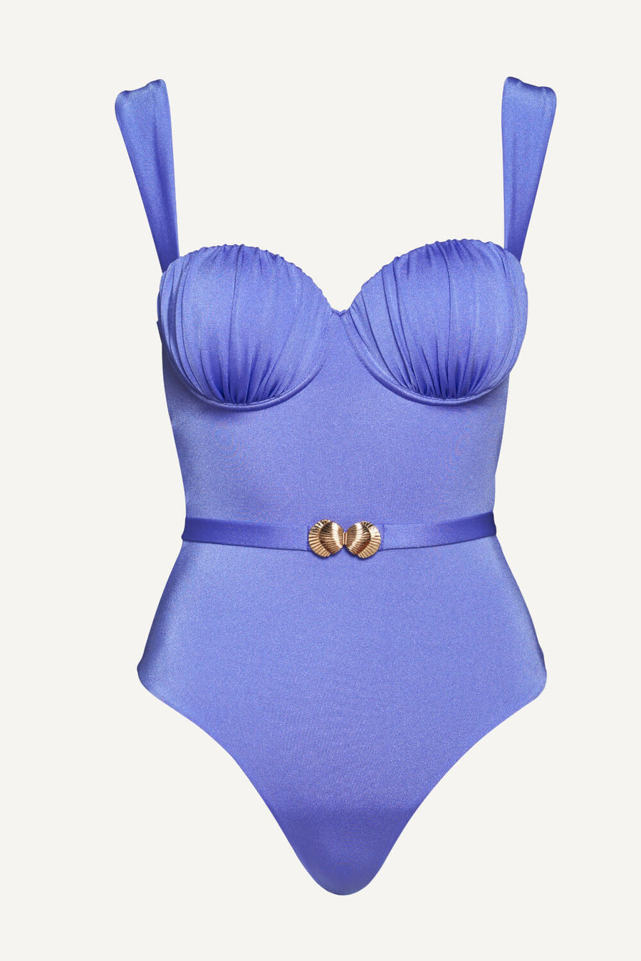 Ruched Deep Blue Satin One-Piece Swimsuit with Belted Accents-One-Piece Swimsuit-Bellascena-bellascena