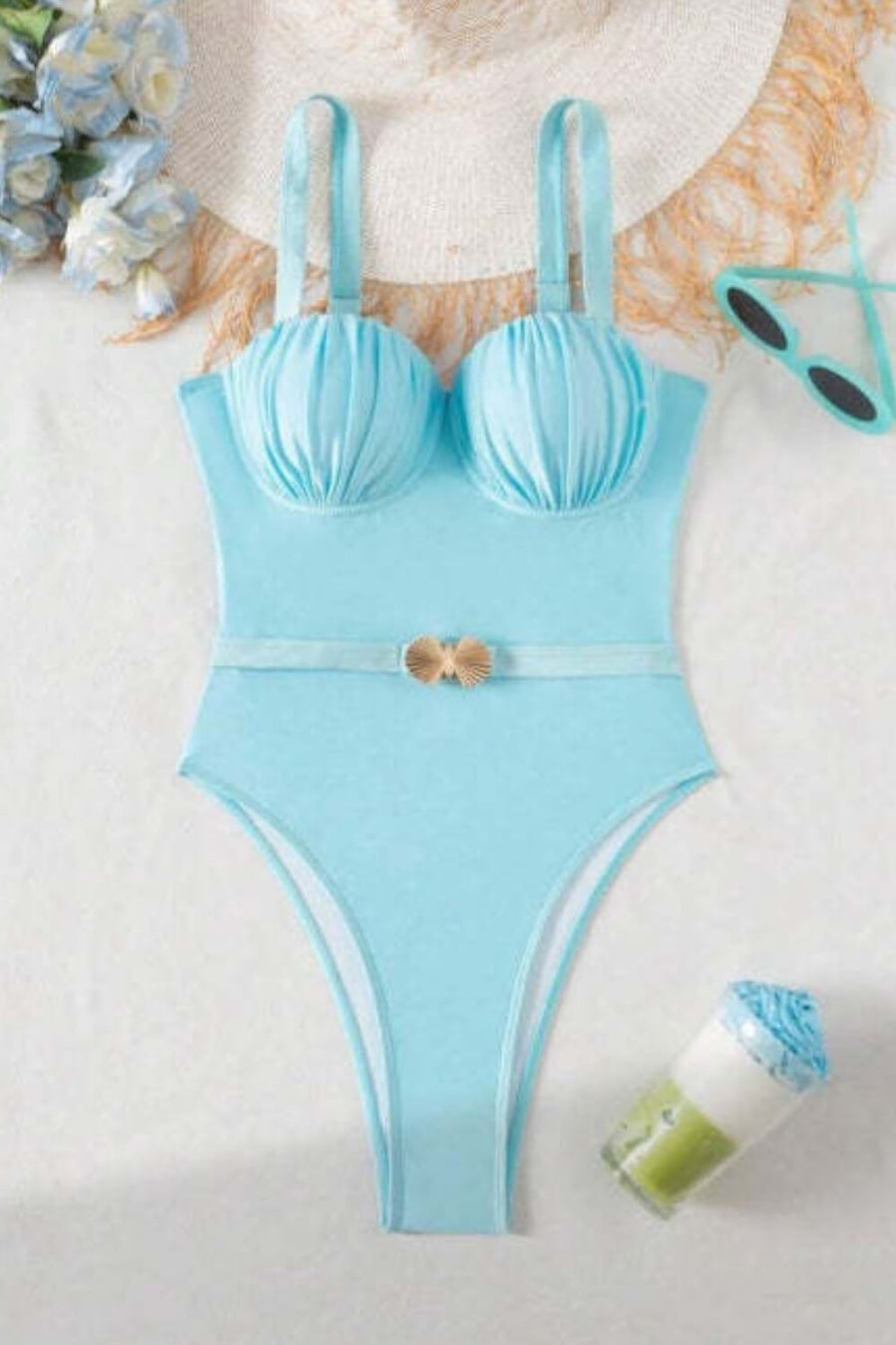 Ruched Deep Blue Satin One-Piece Swimsuit with Belted Accents-One-Piece Swimsuit-Bellascena-bellascena
