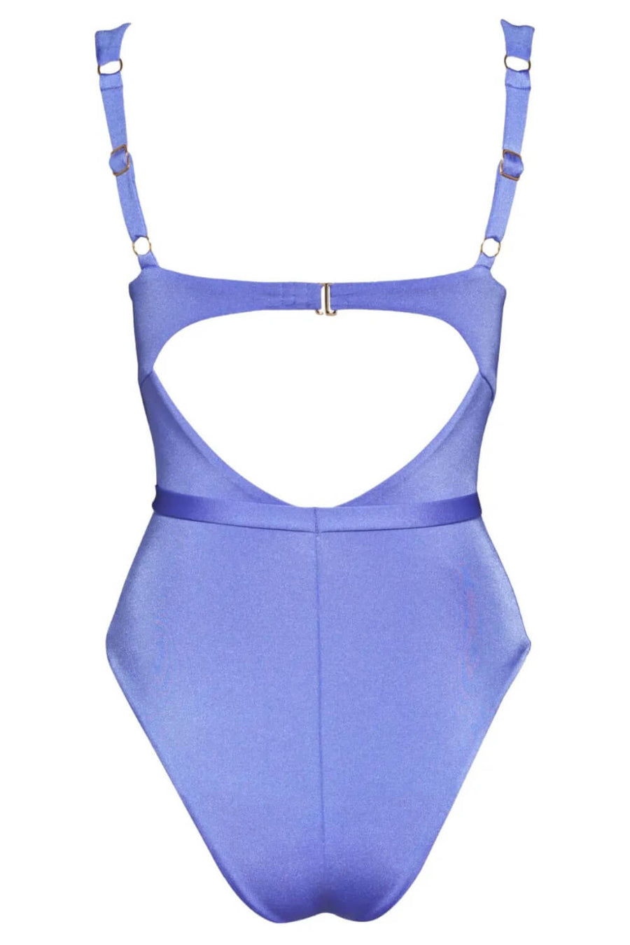 Ruched Deep Blue Satin One-Piece Swimsuit with Belted Accents-One-Piece Swimsuit-Bellascena-bellascena