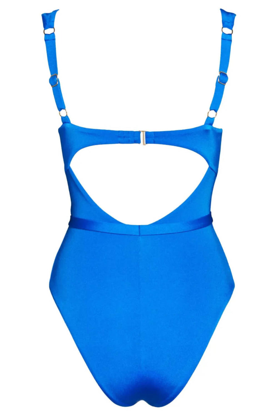 Ruched Deep Blue Satin One-Piece Swimsuit with Belted Accents-One-Piece Swimsuit-Bellascena-bellascena