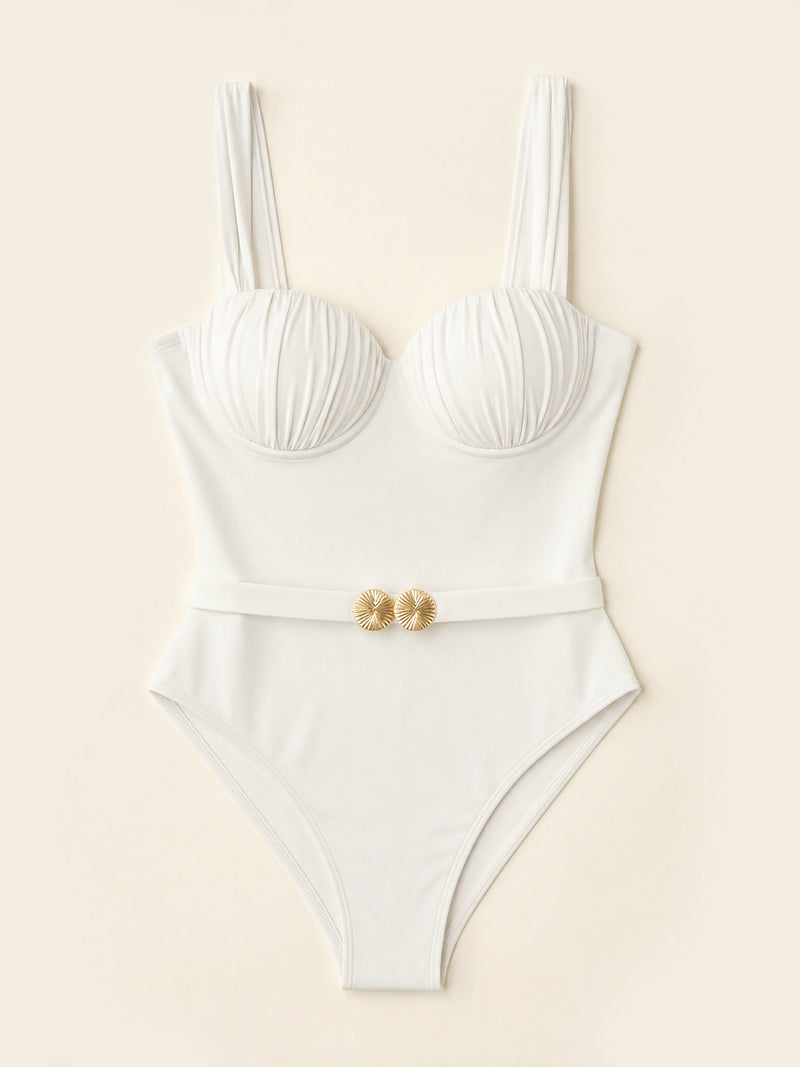 Ruched Deep Blue Satin One-Piece Swimsuit with Belted Accents