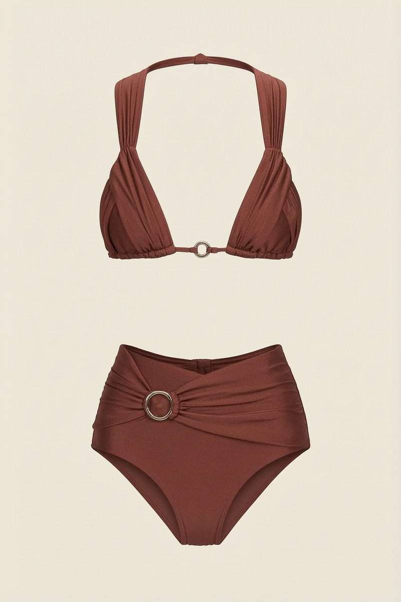 Ruched Rust Satin Swimwear Set with Ring Details