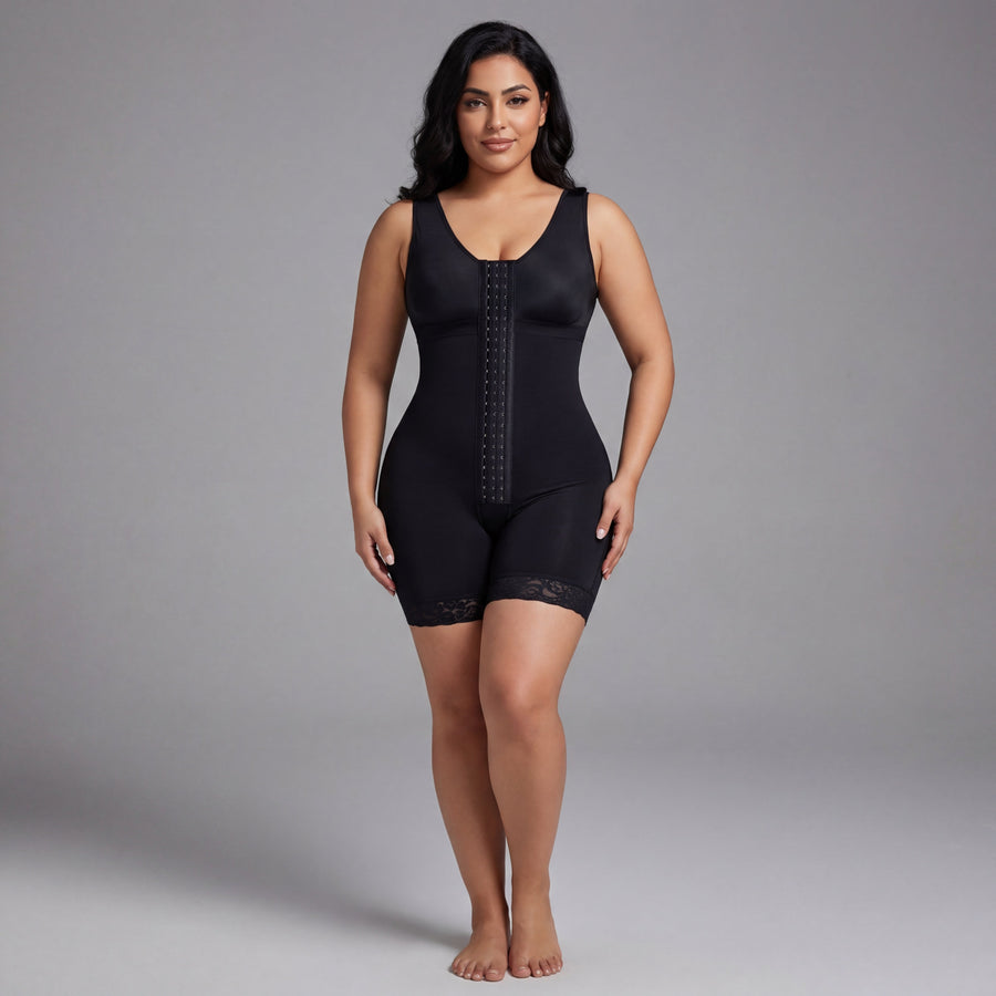 Seamless Black Nylon Shapewear Bodysuit with Lace Trim-Shapewear-Bellascena-bellascena
