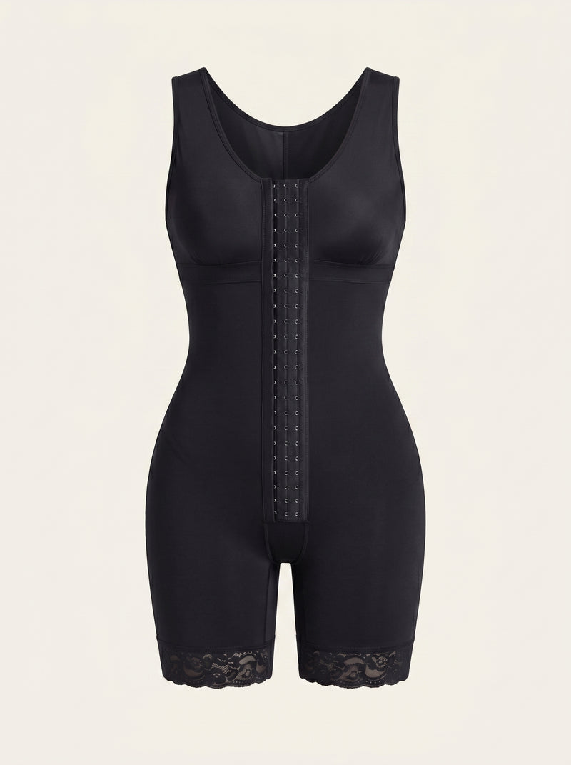 Seamless Black Nylon Shapewear Bodysuit with Lace Trim