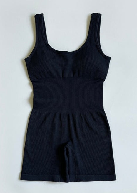 Seamless Black Ribbed Bodysuit with Sculpting Fit-Bodysuit-Bellascena-bellascena