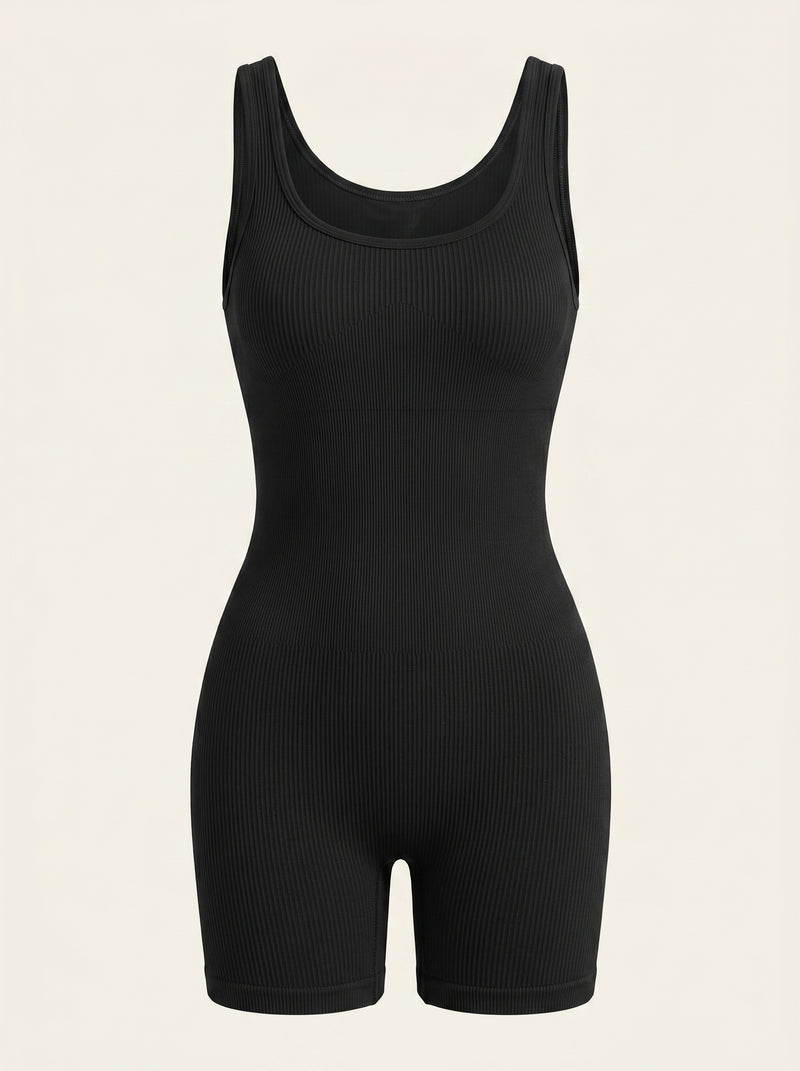 Seamless Black Ribbed Bodysuit with Sculpting Fit