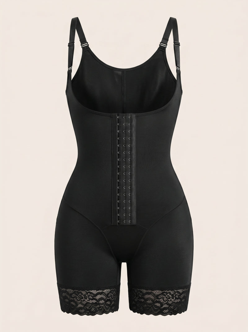 Seamless Black Spandex Bodysuit with Lace Trim