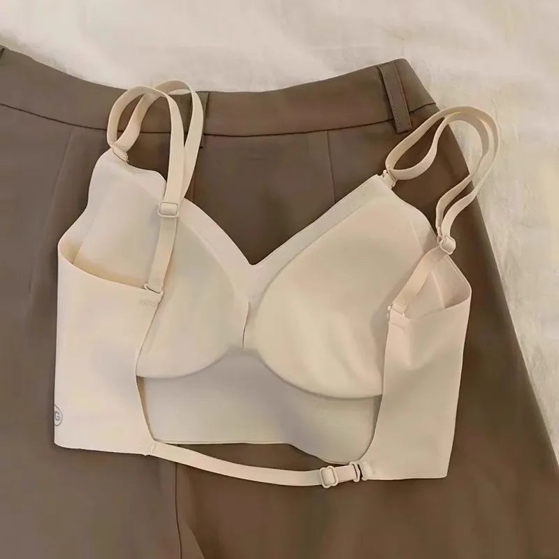 Seamless Wireless Cream Matte Bra with Strappy Detail-Bra-Bellascena-bellascena