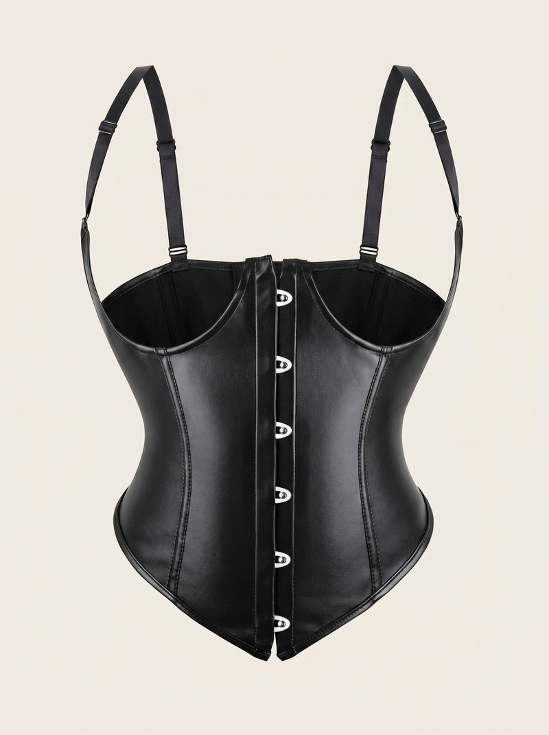 Completo con reggicalze: corsetto in pelle nera con schiena con stringhe