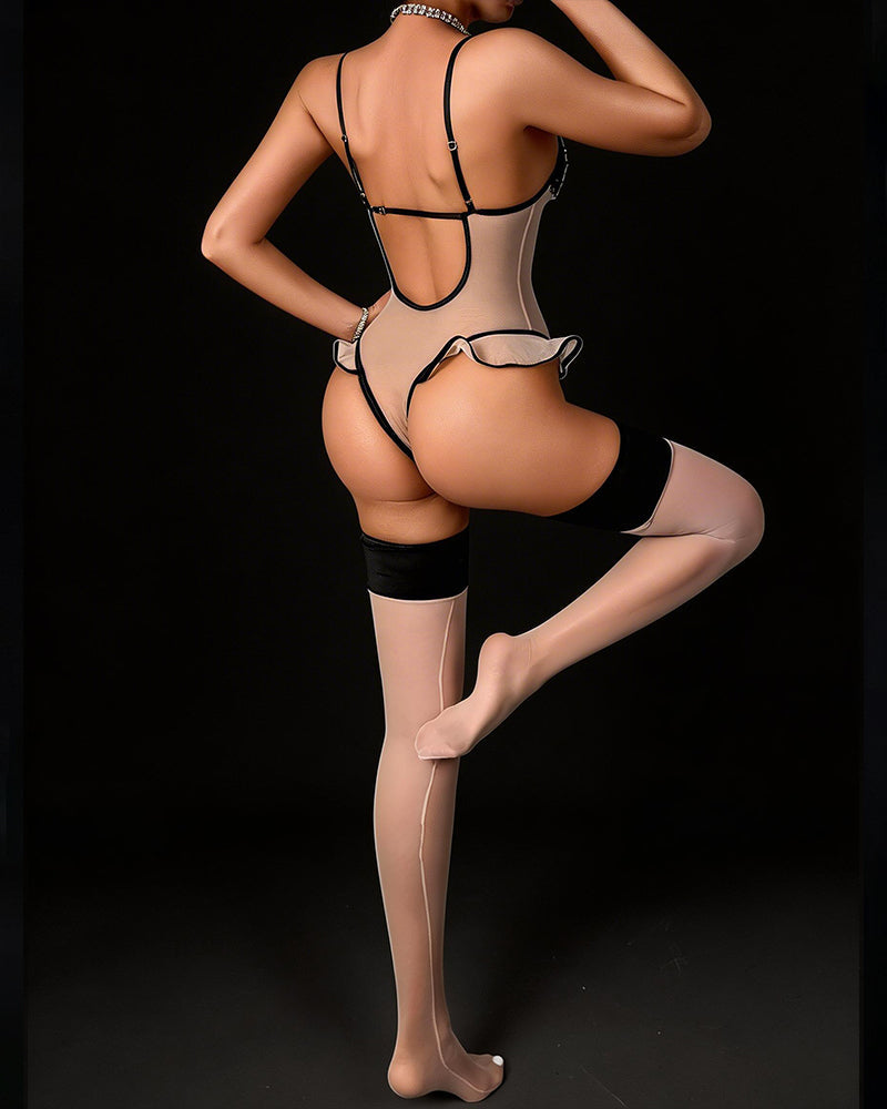 Sheer Beige Lace Bodysuit with Ruffle & Open Back-Bodysuit-Bellascena-bellascena
