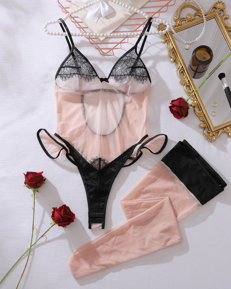 Sheer Beige Lace Bodysuit with Ruffle & Open Back-Bodysuit-Bellascena-bellascena