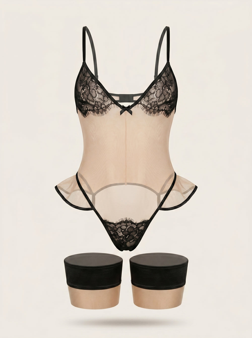 Body in pizzo beige trasparente con volant e schiena scoperta