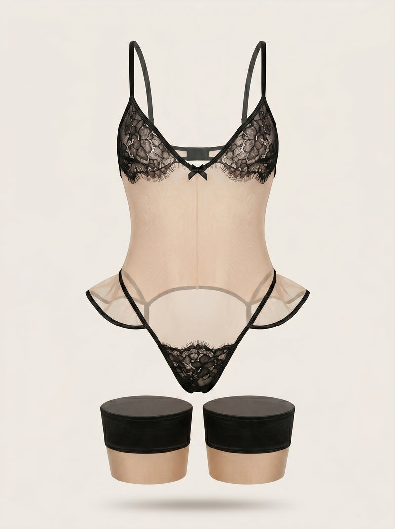 Sheer Beige Lace Bodysuit with Ruffle & Open Back