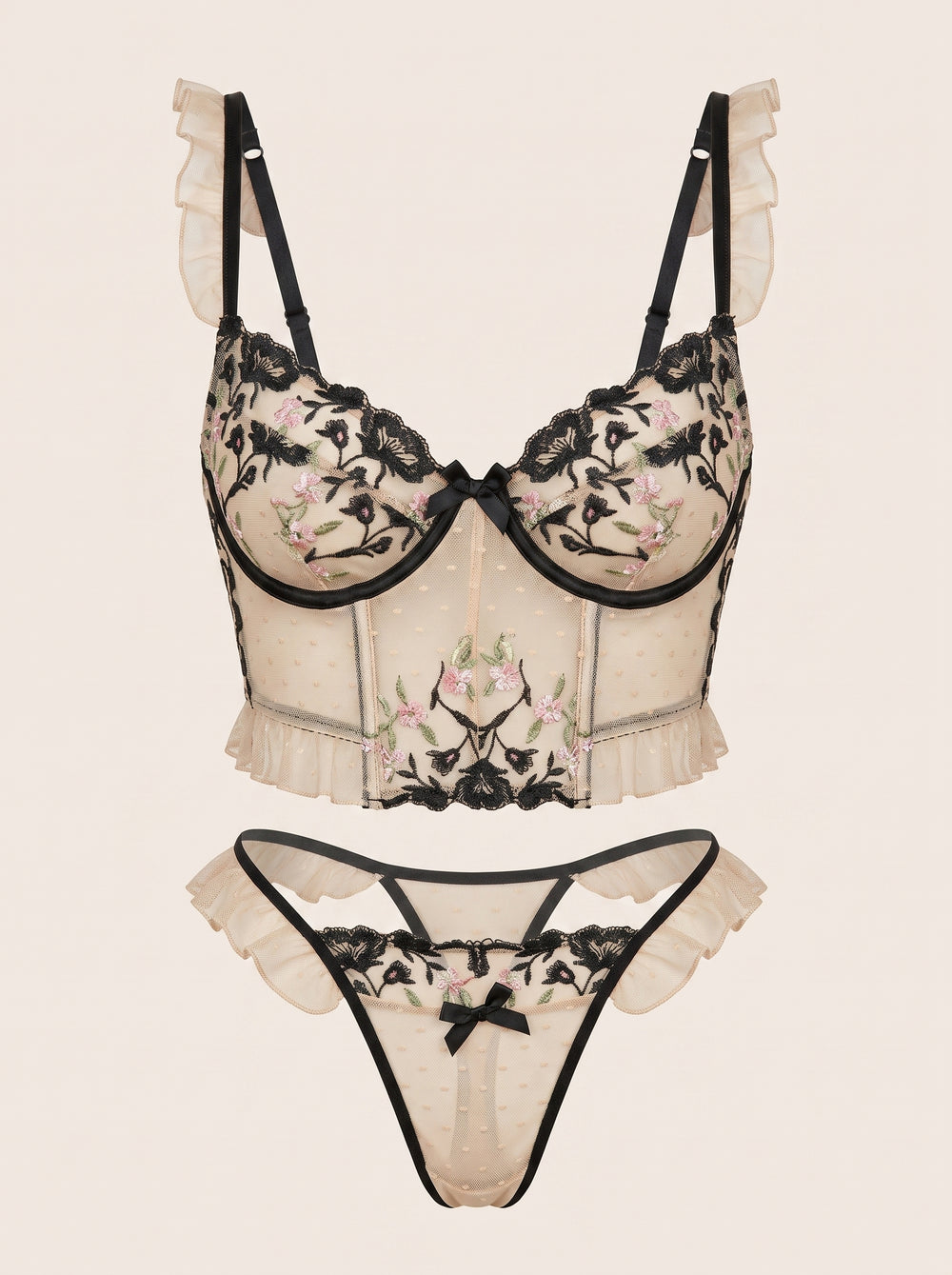 Completo bustier e perizoma in rete floreale nera trasparente con dettagli arricciati