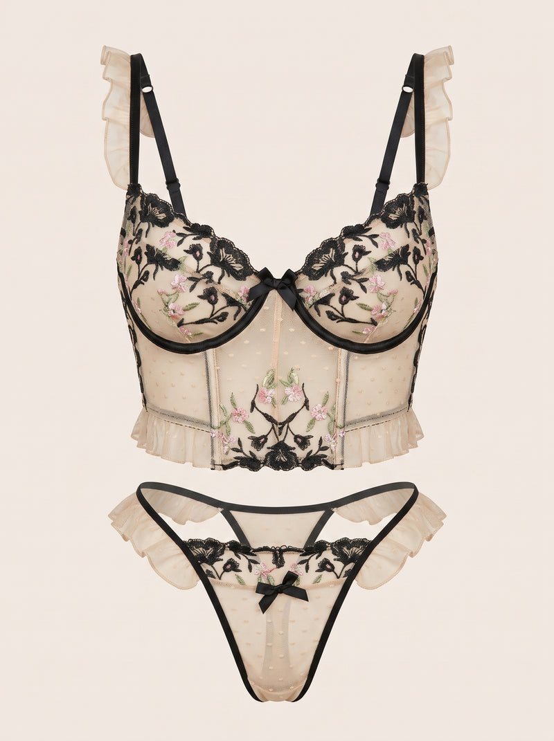 Sheer Black Floral Mesh Bodysuit with Ruffle Detail