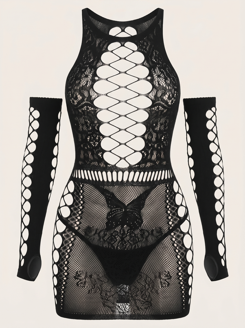 Sheer Black Lace Bodysuit with Open Back Design
