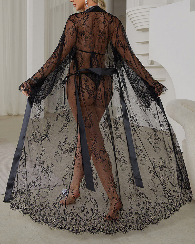 Sheer Black Lace Kimono Robe with Satin Tie-Nightgown-Bellascena-bellascena