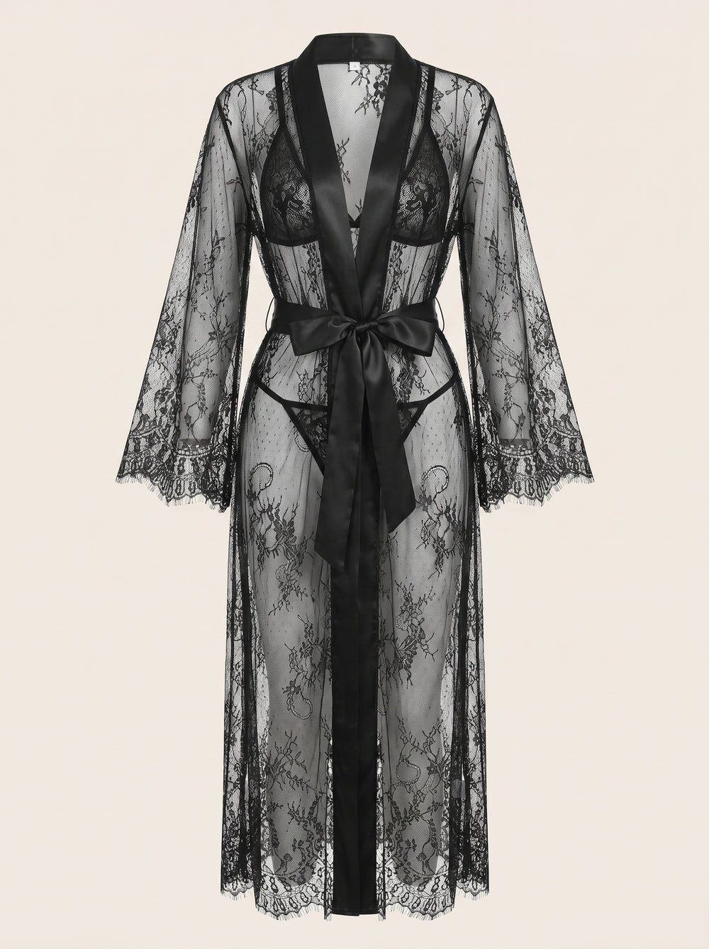 Kimono peignoir noir transparent en dentelle avec ceinture en satin