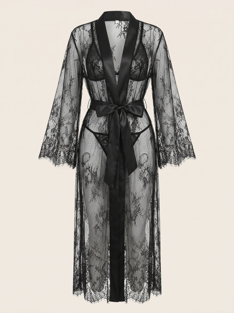 Sheer Black Lace Kimono Robe with Satin Tie