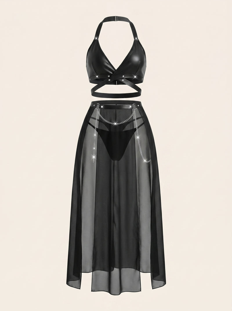 Sheer Black Mesh Backless Dress with Cross Straps