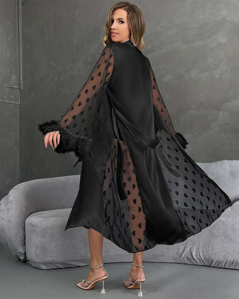 Sheer Heart Pattern Black Satin Nightgown with Feather Trim-Nightgown-Bellascena-bellascena