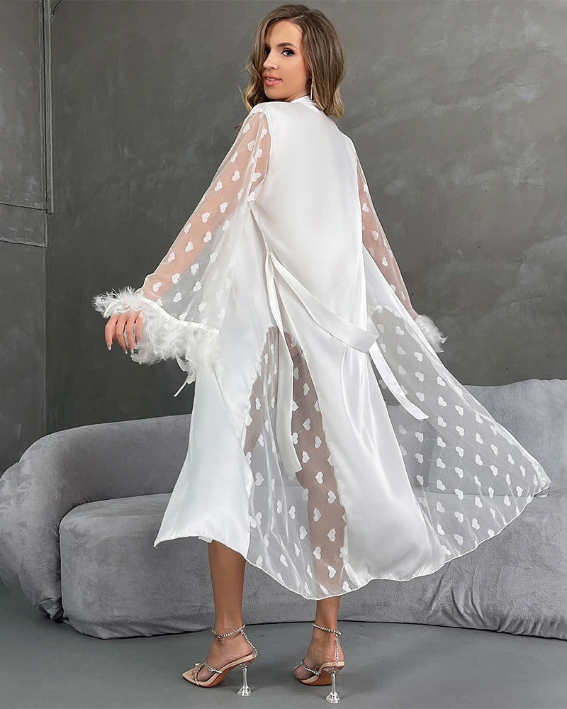 Sheer Heart Pattern Black Satin Nightgown with Feather Trim-Nightgown-Bellascena-bellascena