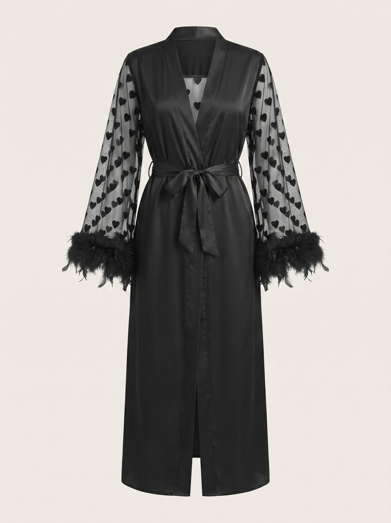 Sheer Heart Pattern Black Satin Nightgown with Feather Trim