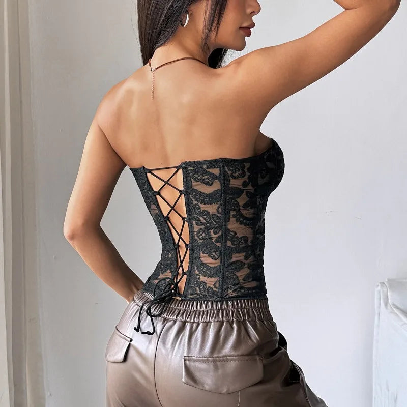 Sheer Lace Pattern Lace Corset with Lace-Up Back-Corset-Bellascena-bellascena