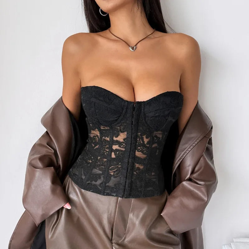Sheer Lace Pattern Lace Corset with Lace-Up Back-Corset-Bellascena-bellascena